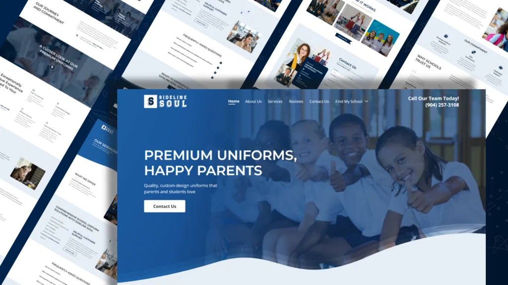 SideLine Soul school uniform website: Premium Uniforms, Happy Parents, with children giving a thumbs up