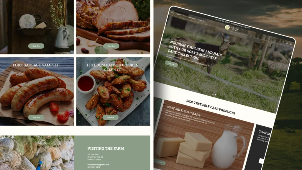 Silk Tree Farm website pages with sausages, chicken, goat milk soap bars and a goat's milk self care collection