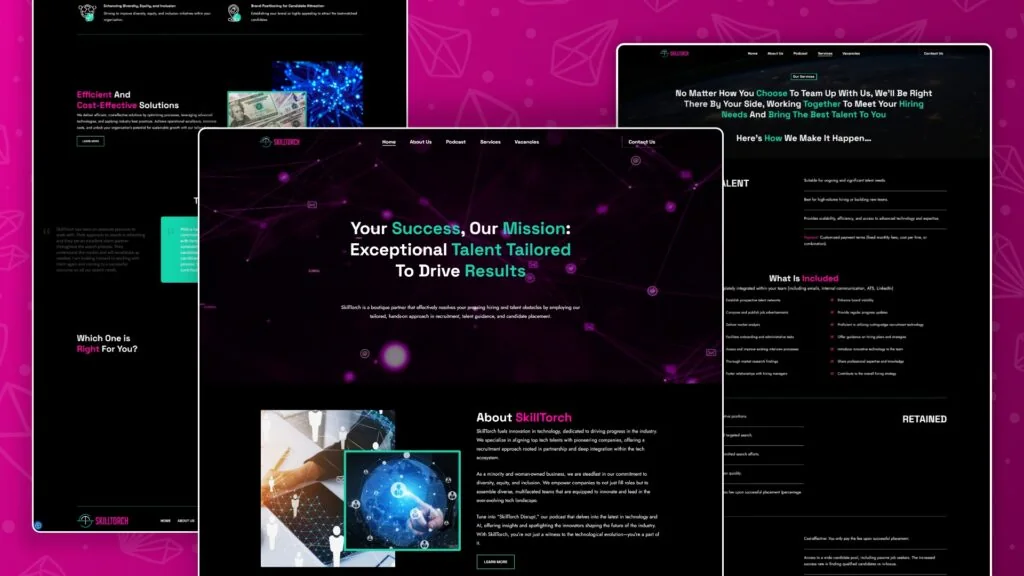 SkillTorch website pages on a dark background: Your Success, Our Mission: Exceptional Talent Tailored To Drive Results