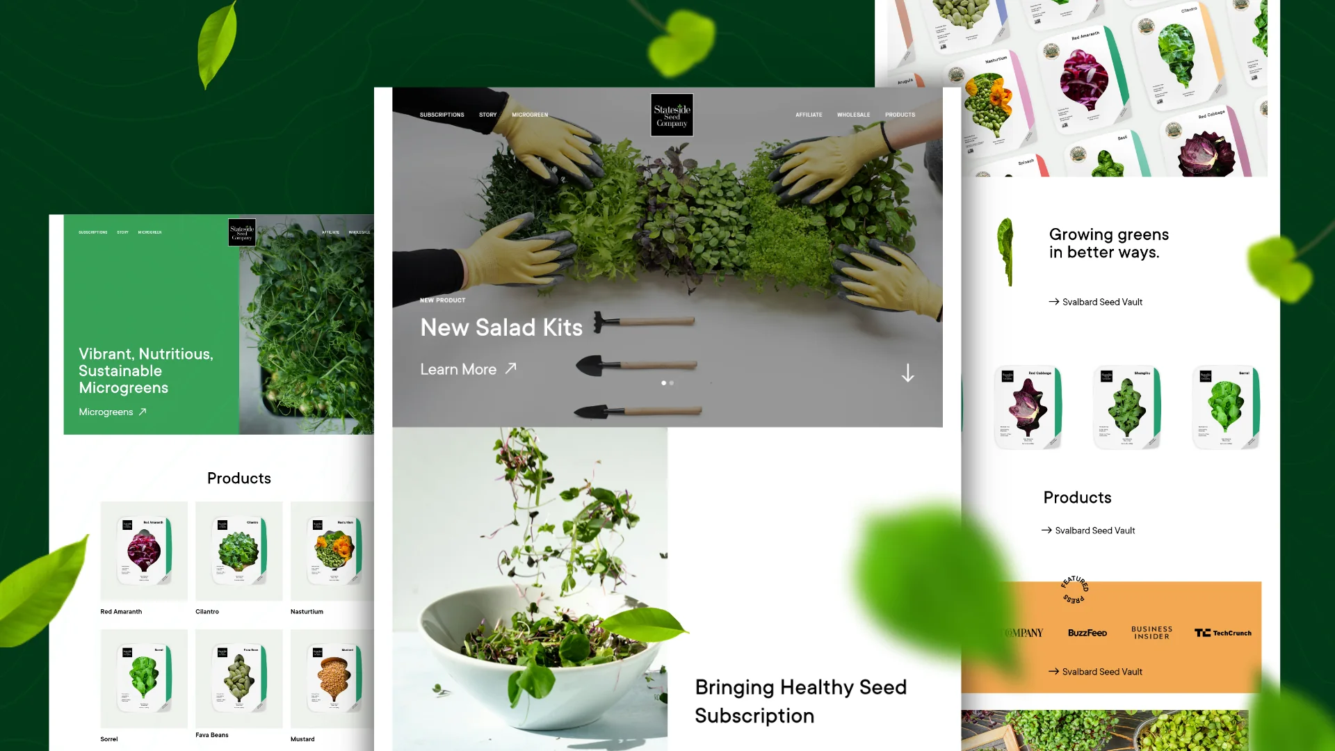 Stateside Seeds microgreens website pages: New Salad Kits, with gloved hands planting greens and seed products