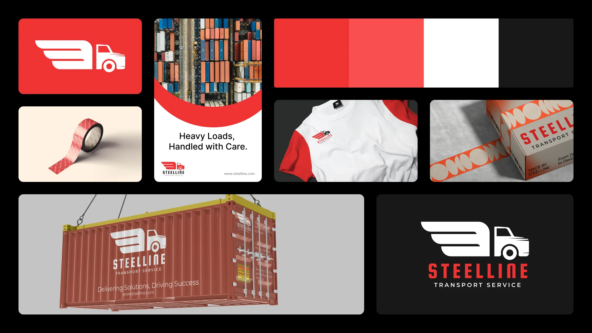 Steelline Transport brand board: red truck logo on a shipping container, tape, a t-shirt and packaging