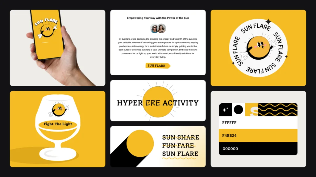 Sun Flare brand board with a yellow smiling sun mascot, phone screen, sticker, colour palette and slogans