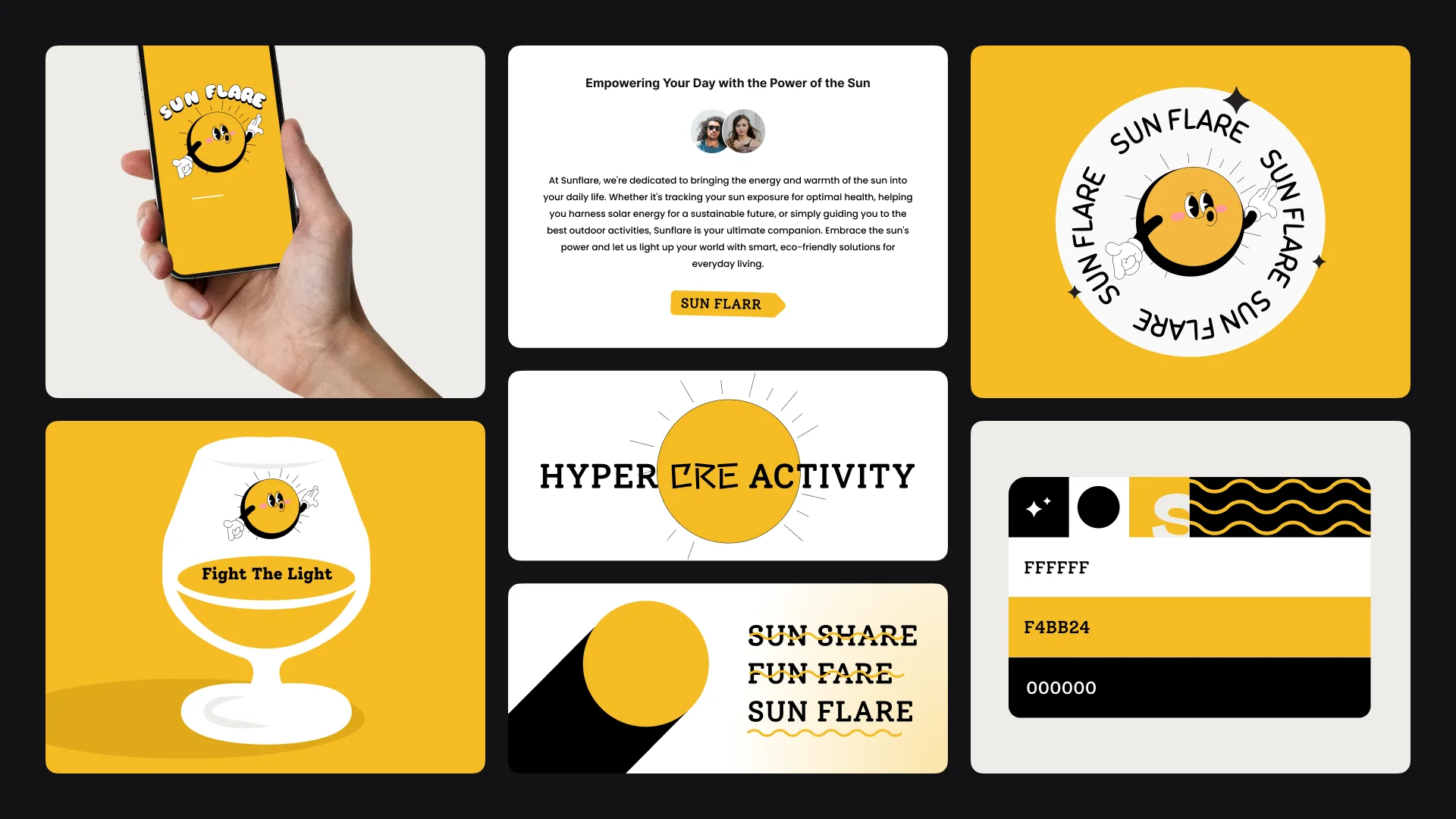 Sun Flare brand board with a yellow smiling sun mascot, phone screen, sticker, colour palette and slogans