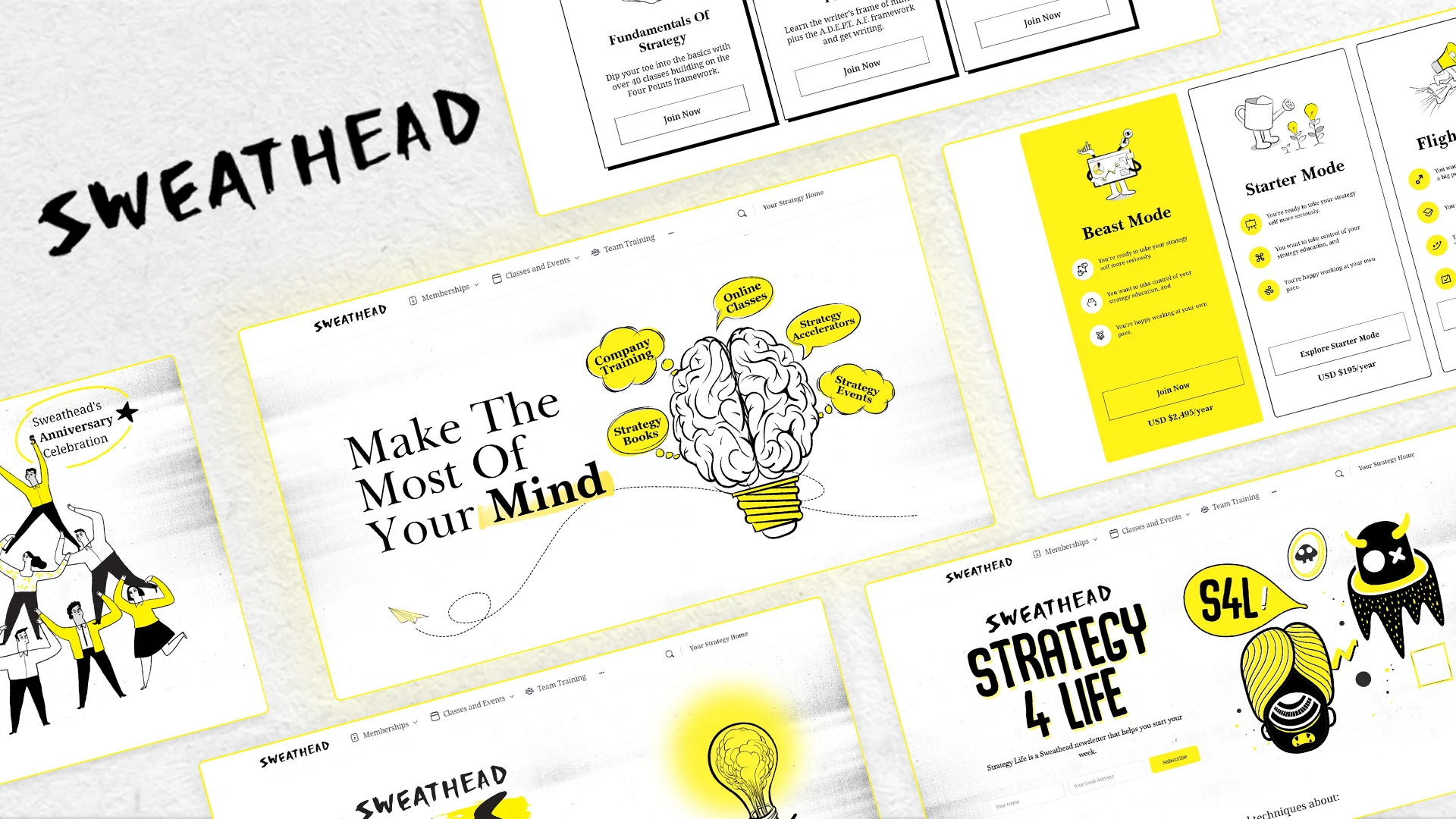 Sweathead website pages in yellow and black: Make The Most Of Your Mind, with brain and lightbulb drawings