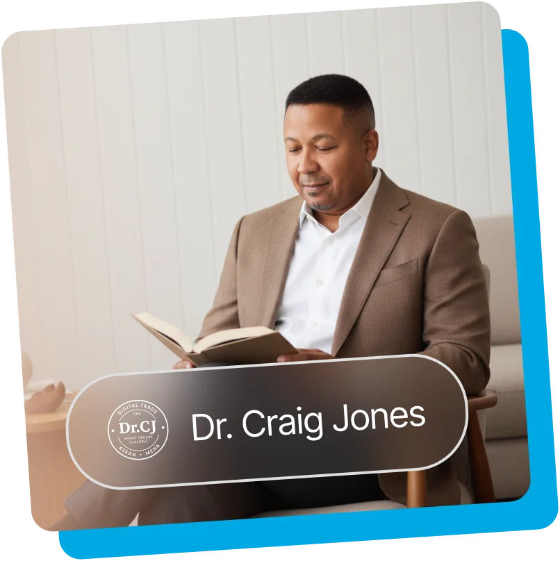 testimonials A man in a tan suit jacket reading a book, with a testimonial about Dr. Craig Jones