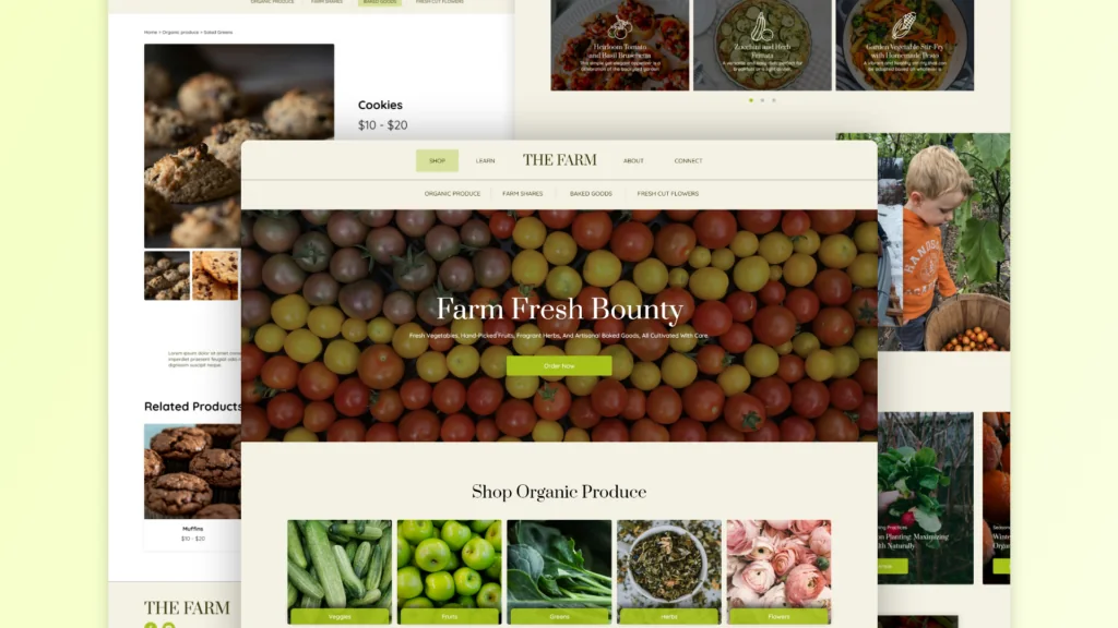The Farm website pages: Farm Fresh Bounty, with tomatoes, baked goods and organic produce