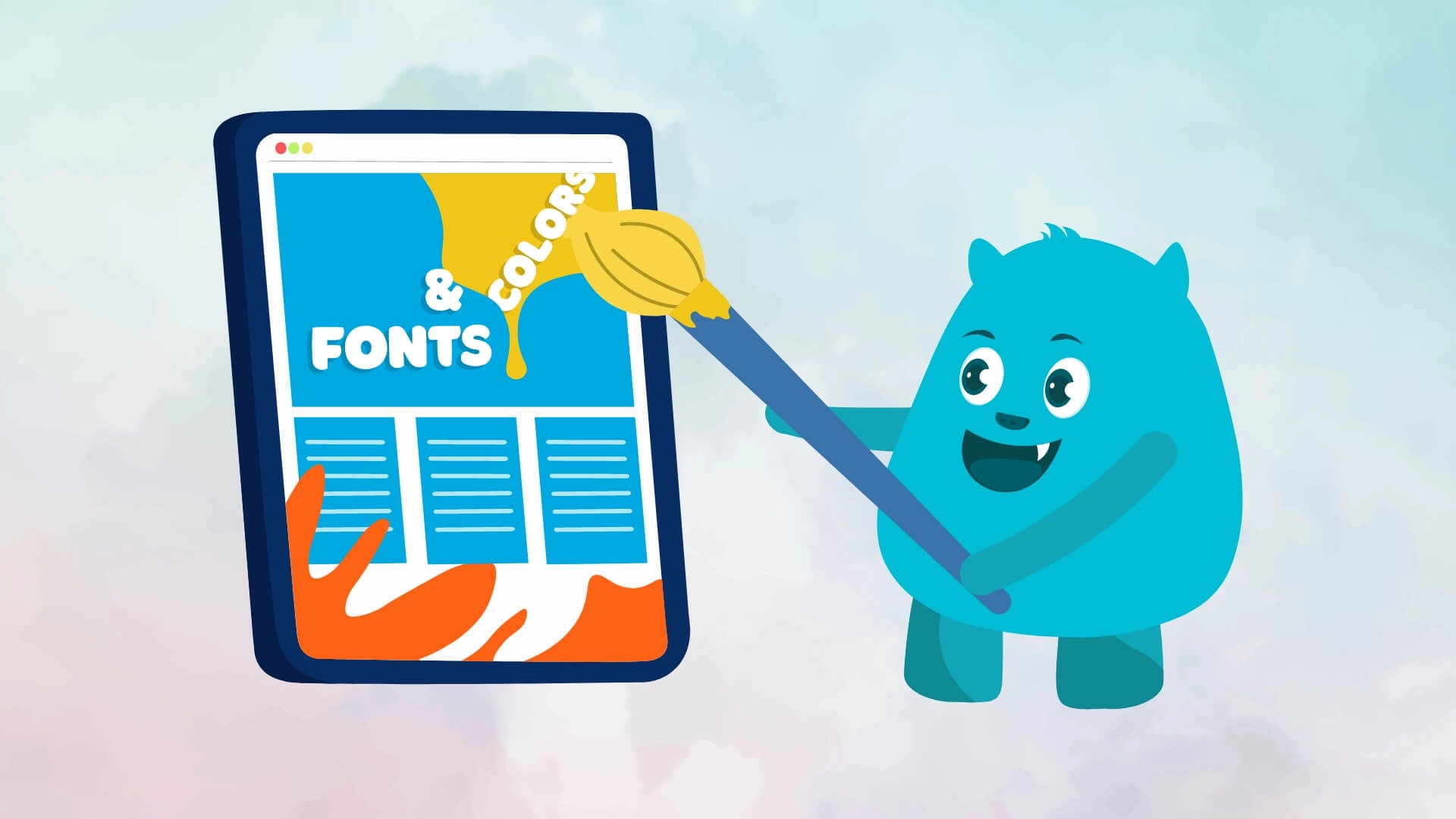 A cartoon monster holding a tablet with a website design on the screen