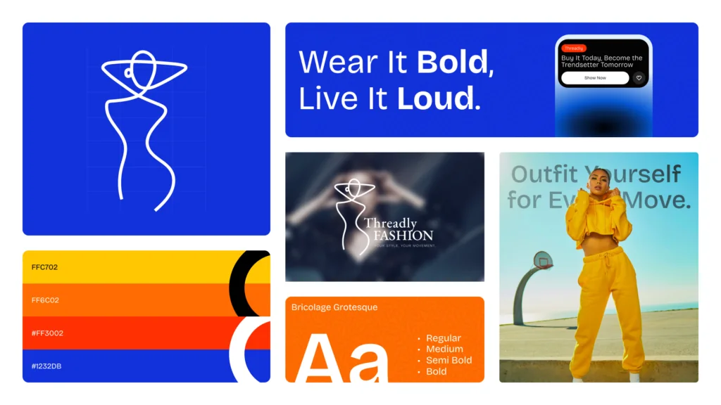 Threadly Fashion brand board: line drawing logo, Wear It Bold, Live It Loud, colour palette and typeface