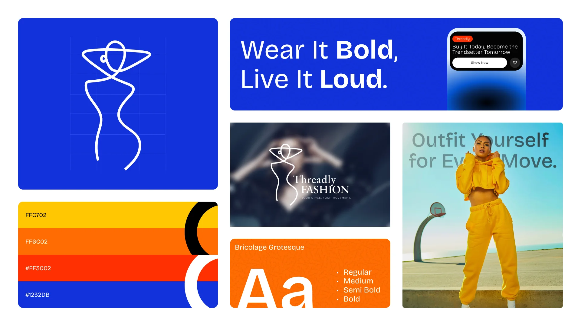 Threadly Fashion brand board: line drawing logo, Wear It Bold, Live It Loud, colour palette and typeface