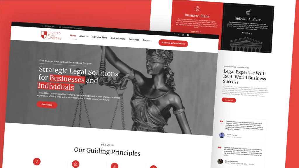 Trusted Plan Lawyers website pages headed Strategic Legal Solutions for Businesses and Individuals