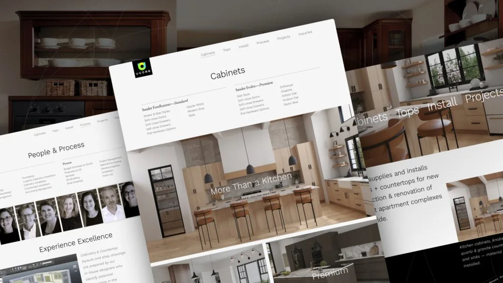 UCORE kitchen cabinet website pages: Cabinets, More Than a Kitchen, with photos of kitchens and the team