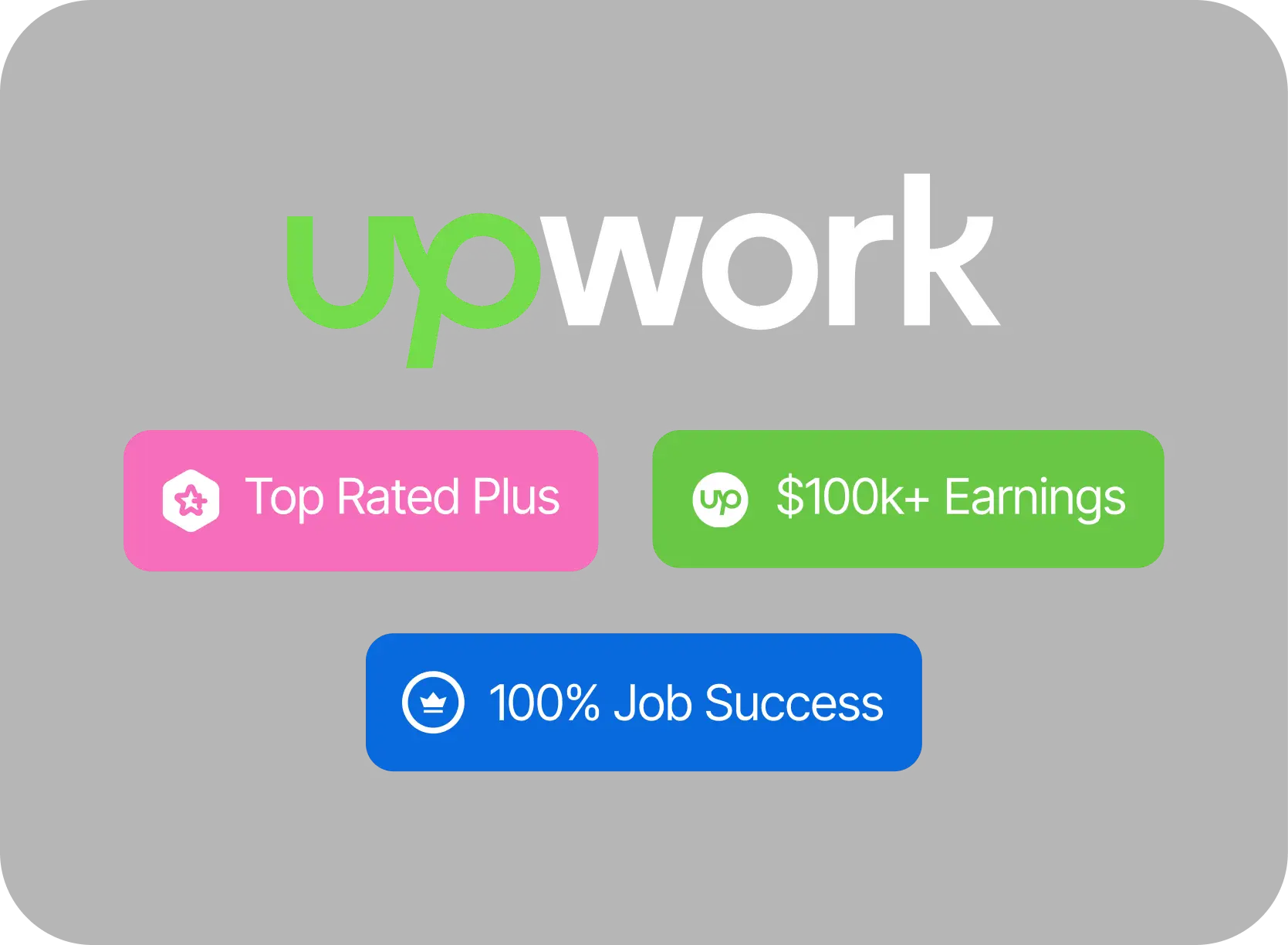 Upwork badges: Top Rated Plus, $100k+ Earnings and 100% Job Success