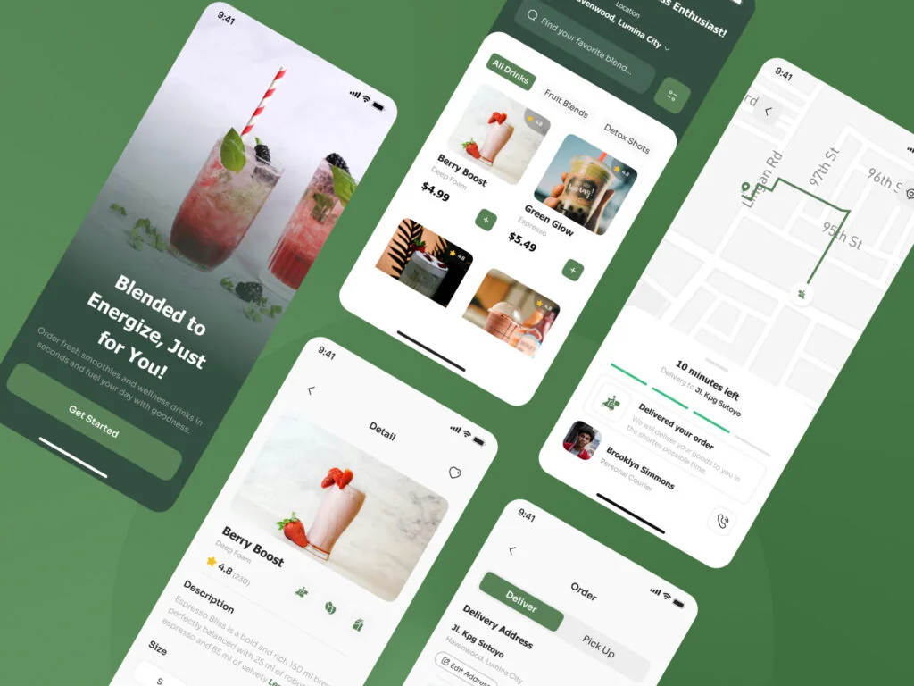 Smoothie ordering app screens: Blended to Energize, Just for You, with drink menu, details and delivery map