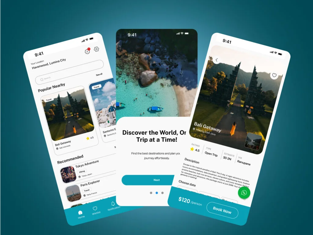Travel app screens on three phones: Discover the World, One Trip at a Time, with trip listings