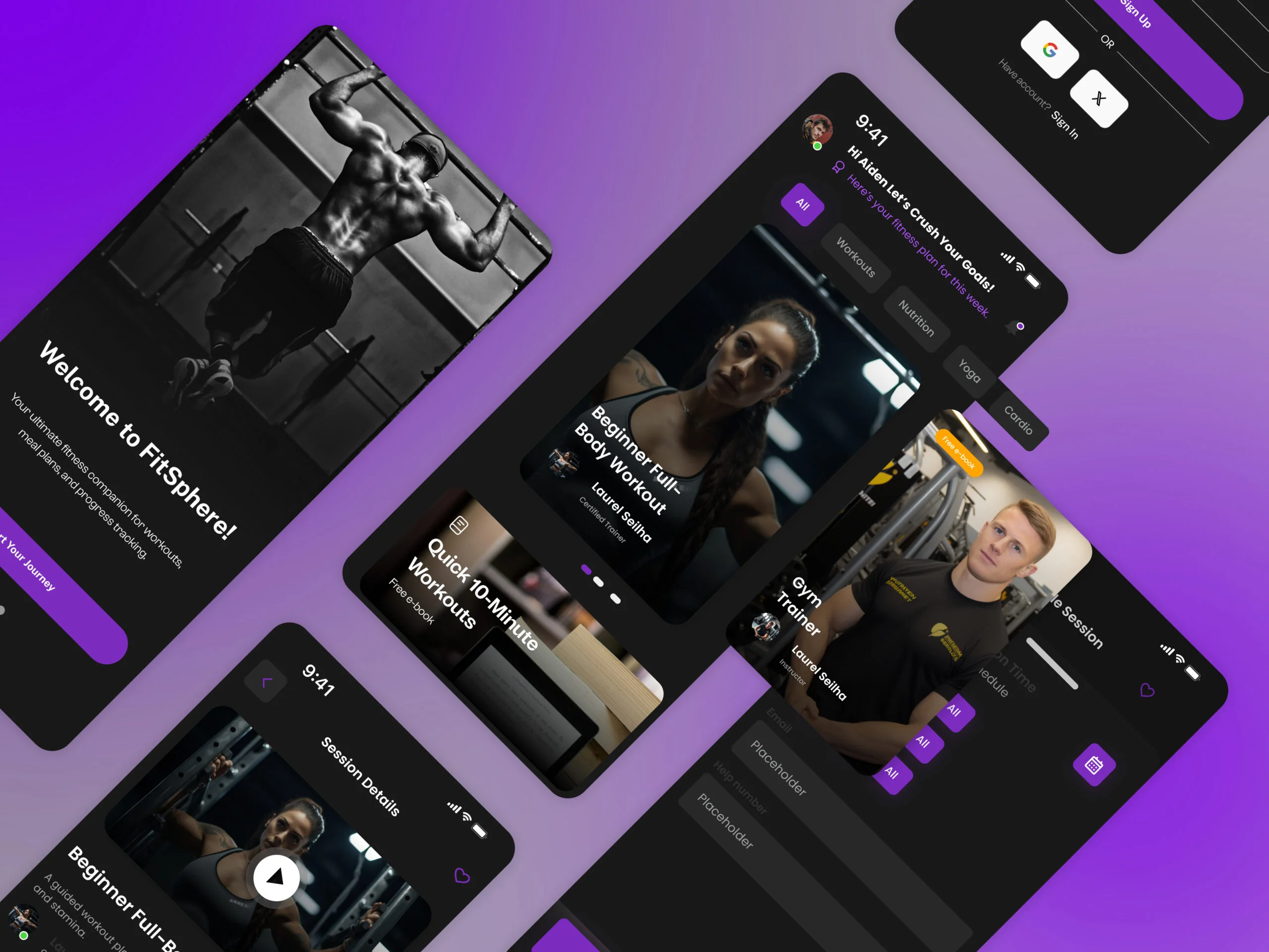 FitSphere fitness app screens in purple and black: Welcome to FitSphere, with workout sessions