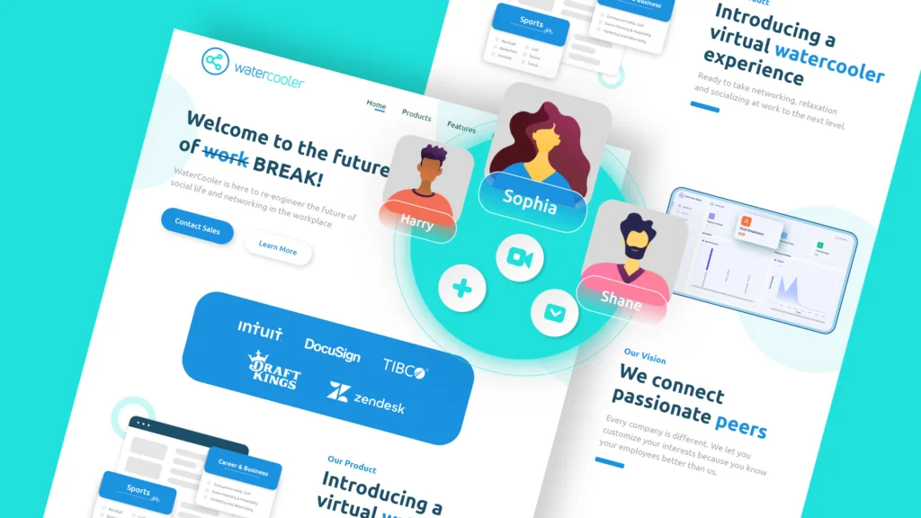 Watercooler website pages with the headline Welcome to the future of BREAK and illustrated video call avatars
