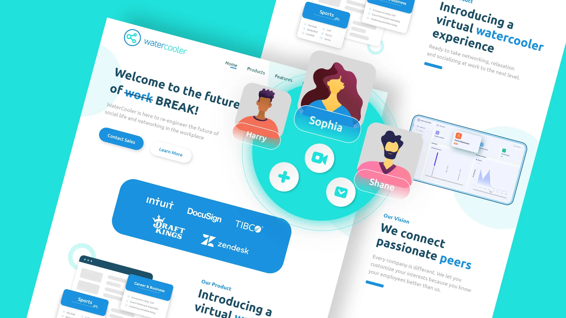 Watercooler website pages with the headline Welcome to the future of BREAK and illustrated video call avatars