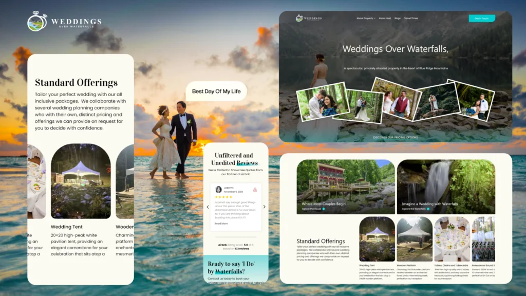 Weddings Over Waterfalls website pages with a couple walking in water at sunset and wedding packages