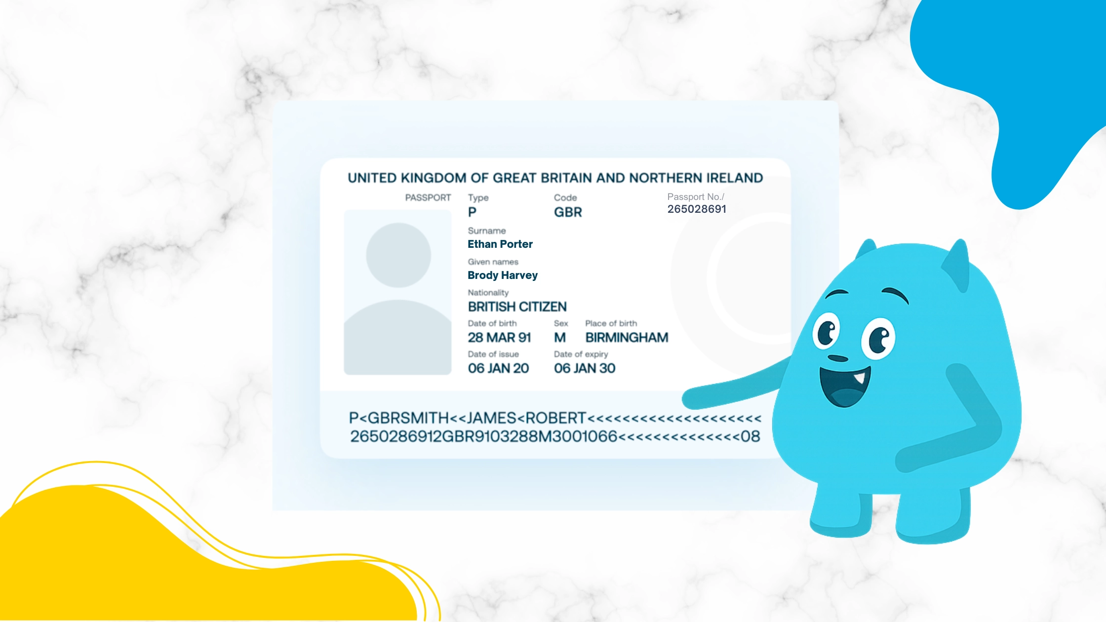 A graphic design featuring a cartoon monster pointing to a passport, with a focus on website design, corporate, and business