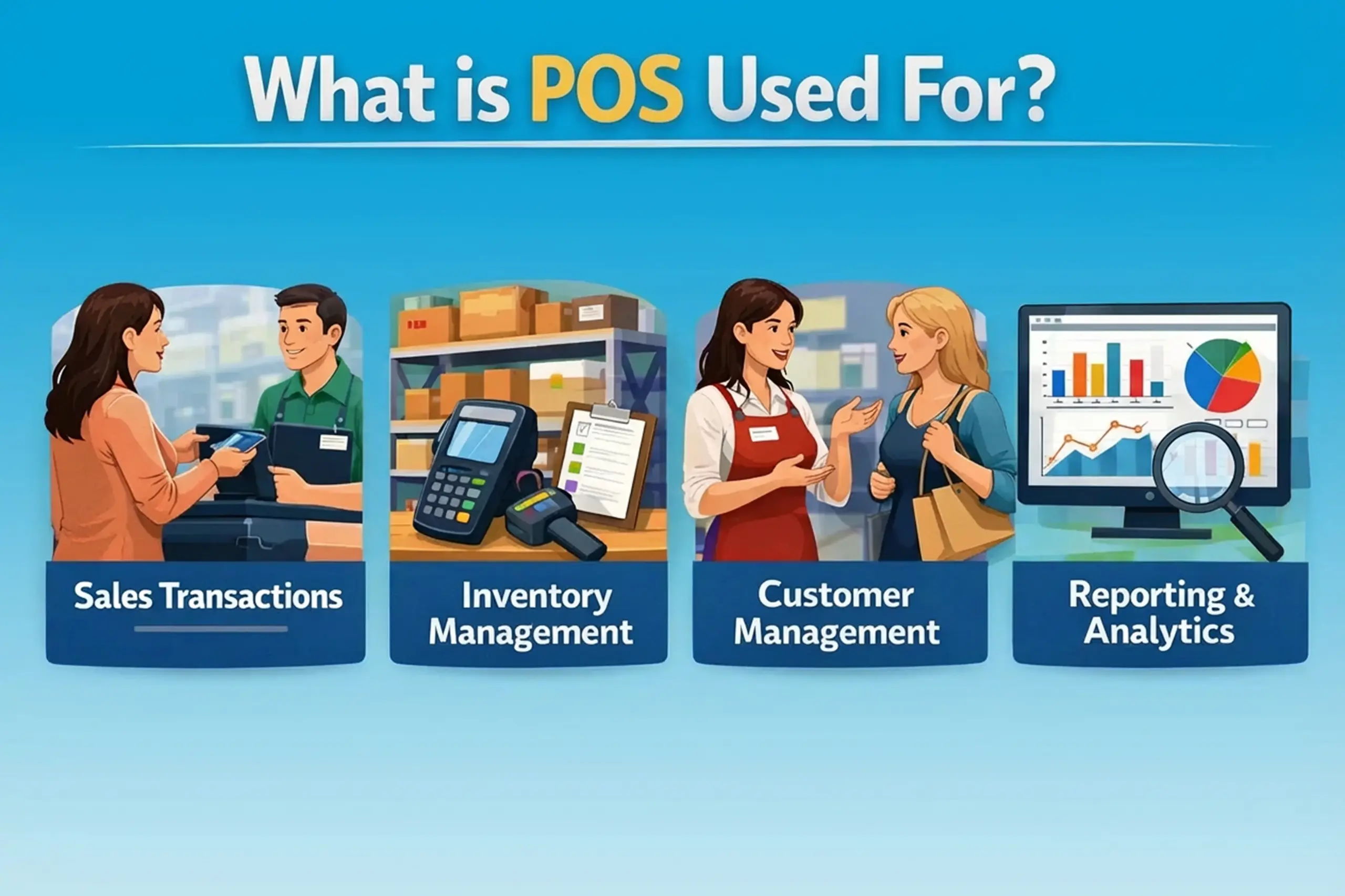 A website design image with four images of people in different settings, including a store, a store manager, a customer, and