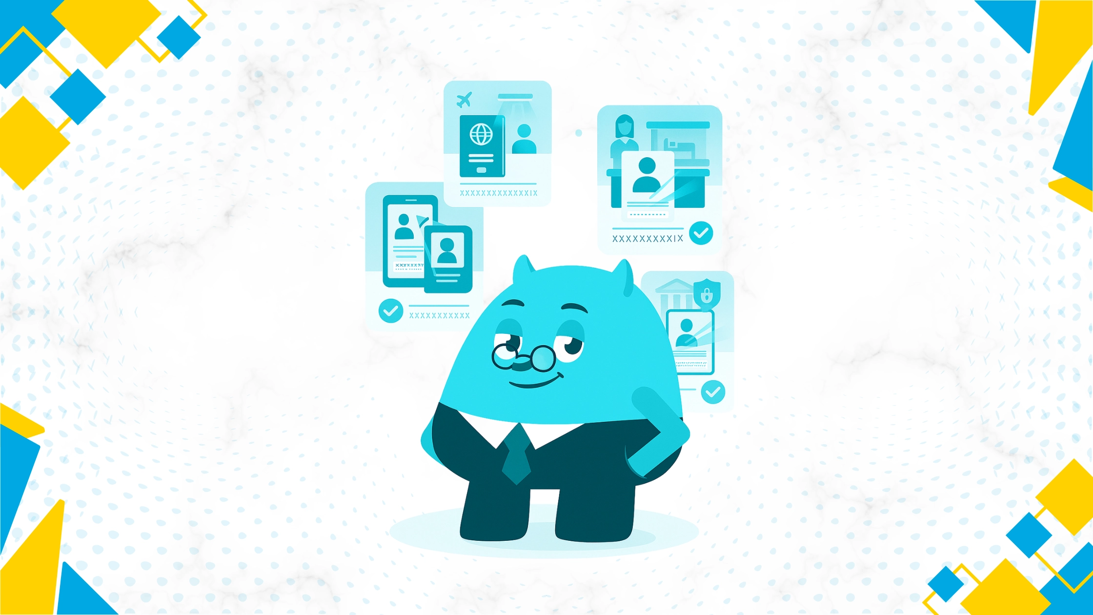 Illustration of a mascot in a suit surrounded by passport, ID card and verification document icons with check marks