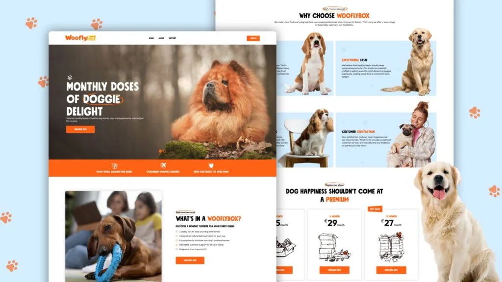 WooflyBox website pages with dog photos, the heading Monthly Doses of Doggie Delight and subscription prices