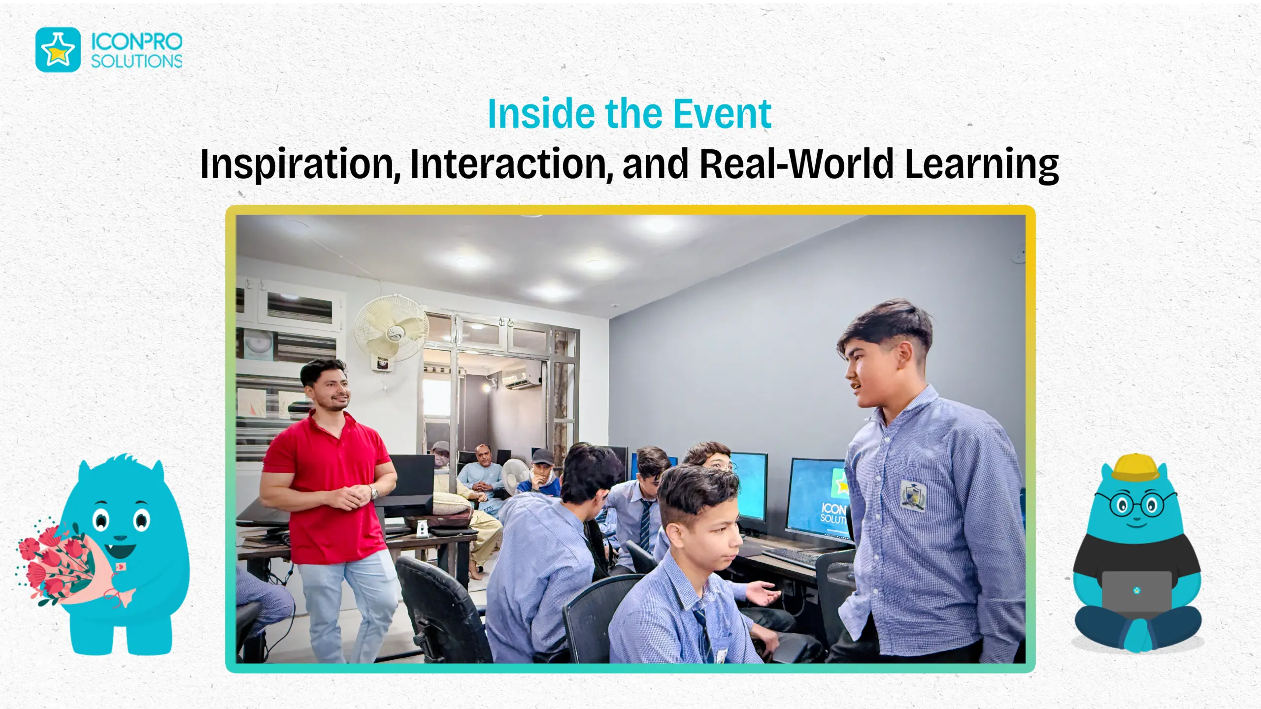 Graphic reading Inside the Event: Inspiration, Interaction, and Real-World Learning, with students in a computer lab