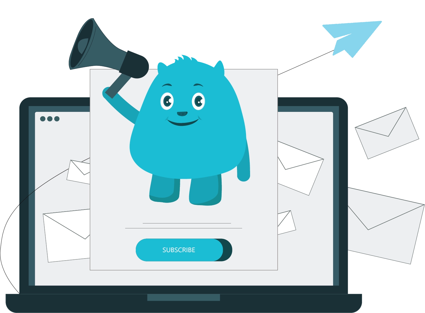 A cartoon blue monster holding a megaphone, standing on a laptop screen with a website design background, representing a