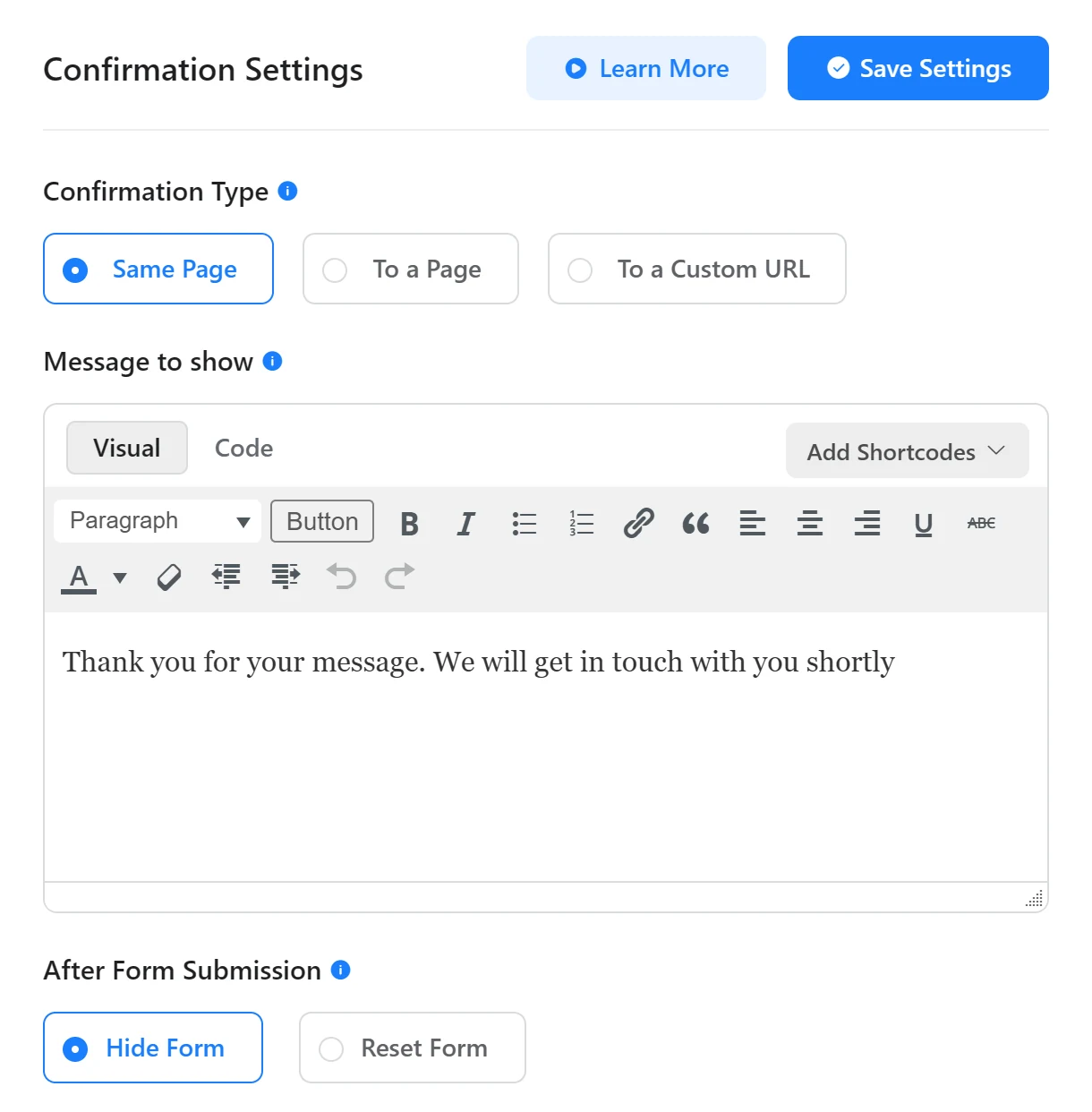 The Fluent Forms Confirmation Settings screen with the message shown on the same page after submission