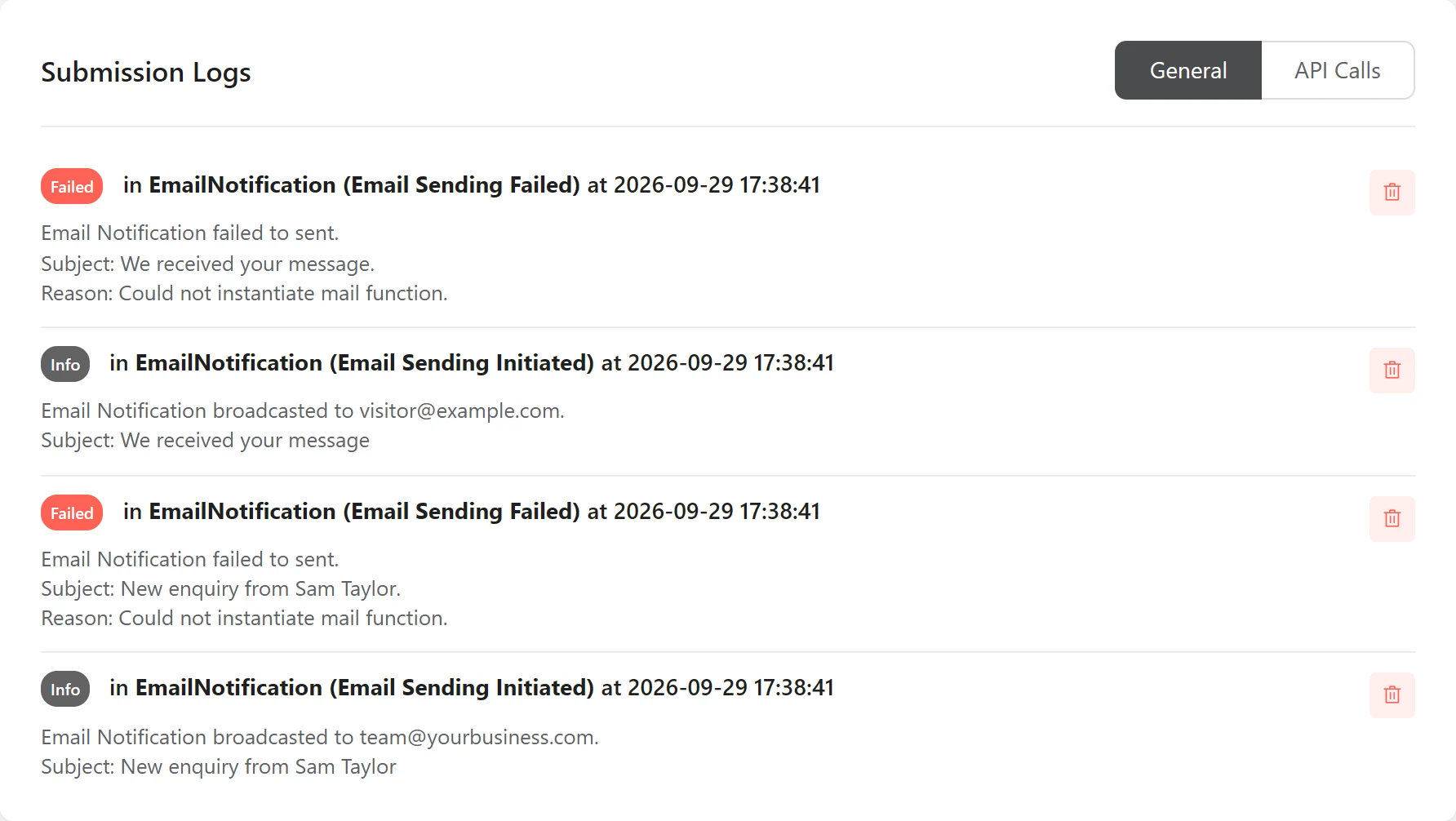 Fluent Forms Submission Logs for a test entry: each notification shows Email Sending Initiated, then Email Sending Failed with the reason Could not instantiate mail function
