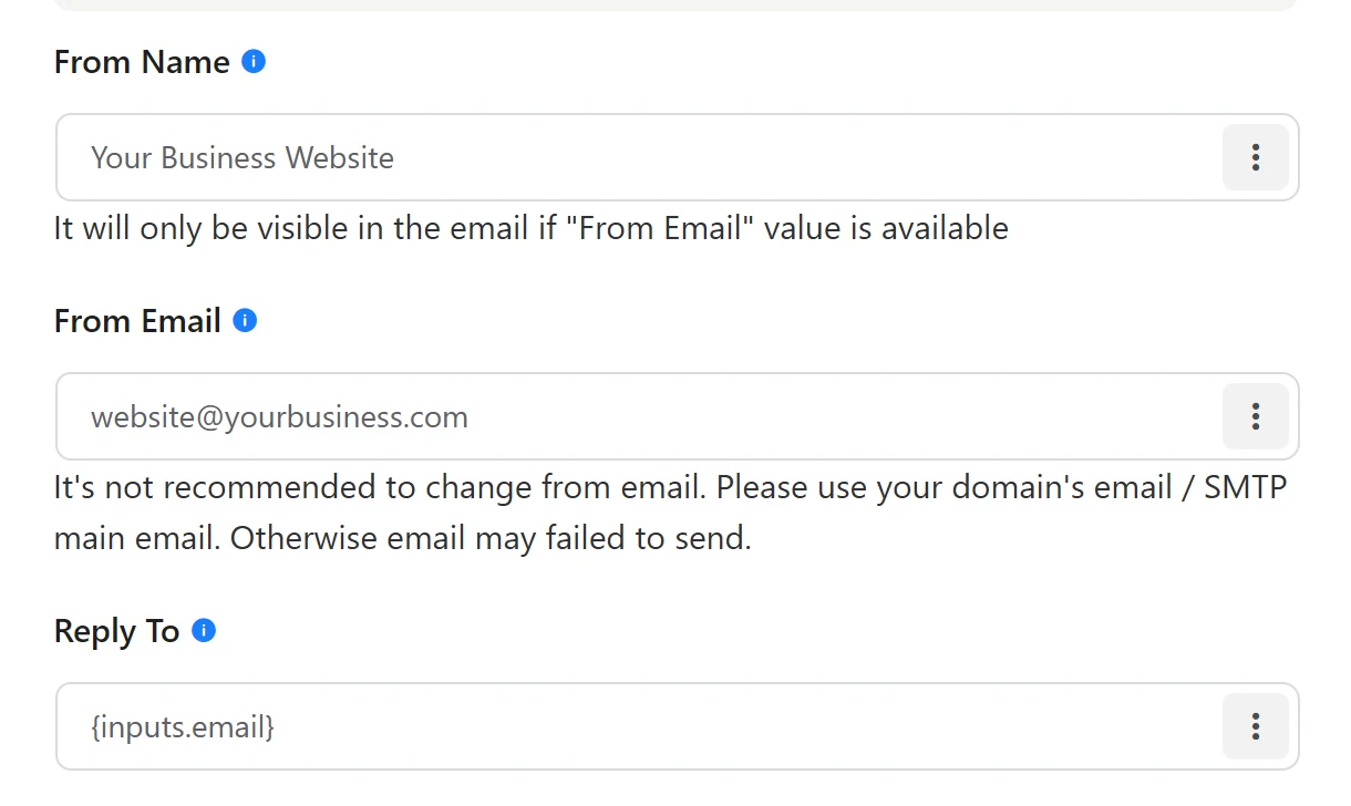 The Advanced section of the team notice with From Name, From Email set to the site’s sending address, and Reply To set to the visitor’s email field
