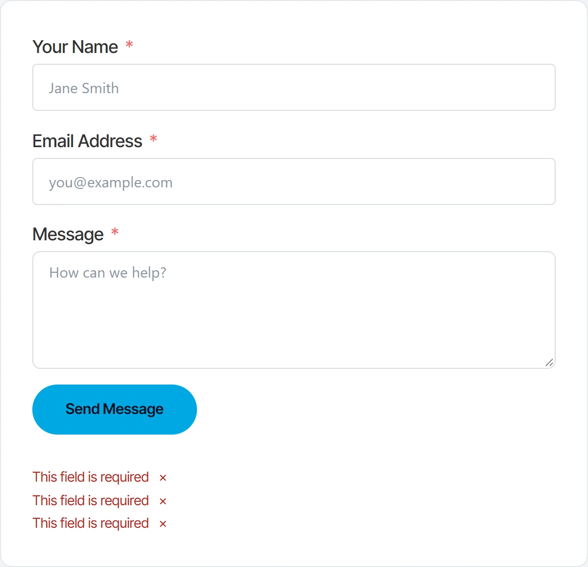 The default Fluent Forms error stack, three short red lines below the submit button