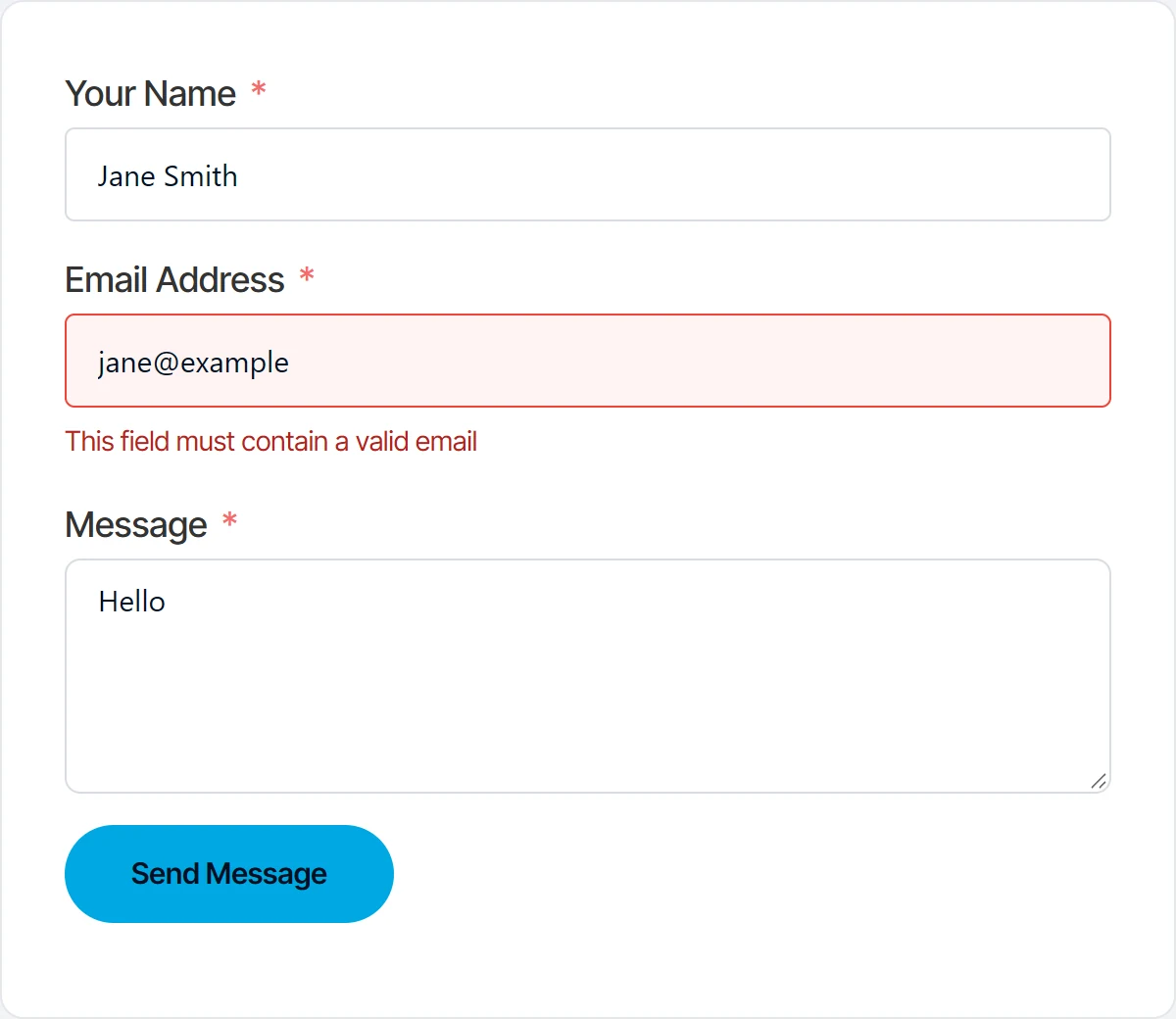 Fluent Forms invalid email error with the custom error colors applied