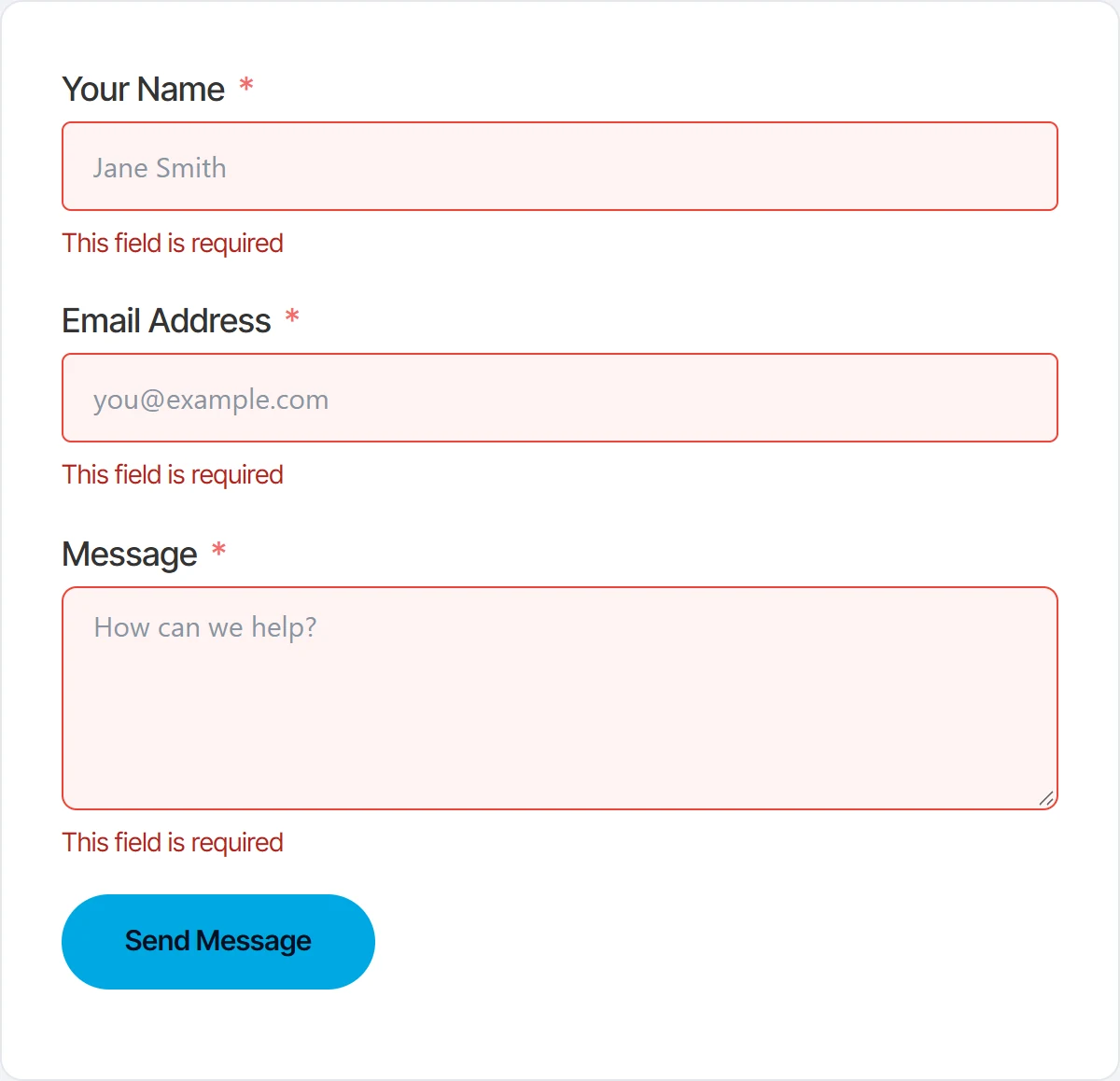 Fluent Forms required field errors with a darker red message and a pale red field background