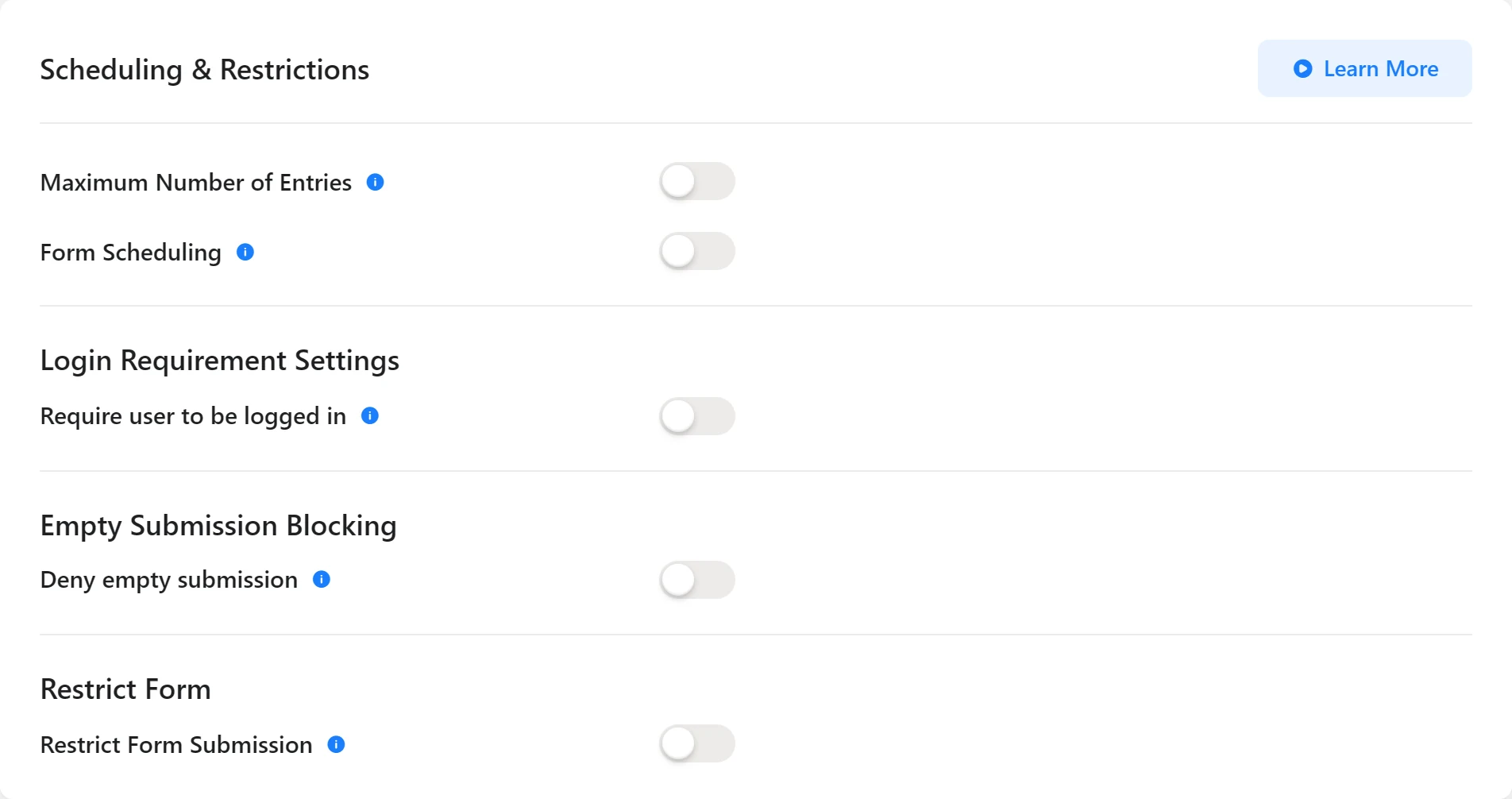 Fluent Forms Scheduling and Restrictions settings with entry limit, scheduling and login options