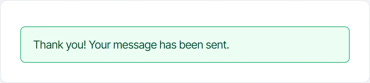 A green Fluent Forms success message reading Thank you! Your message has been sent