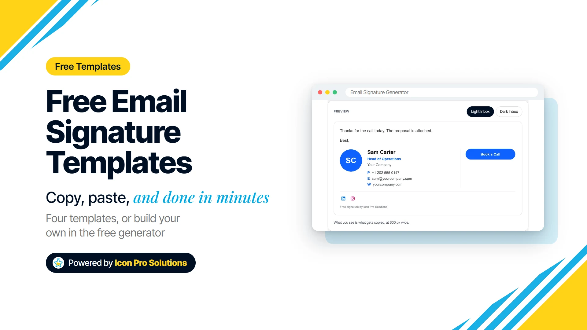 Free email signature templates: the free Email Signature Generator previewing a side by side signature with a Book a Call button and social icons