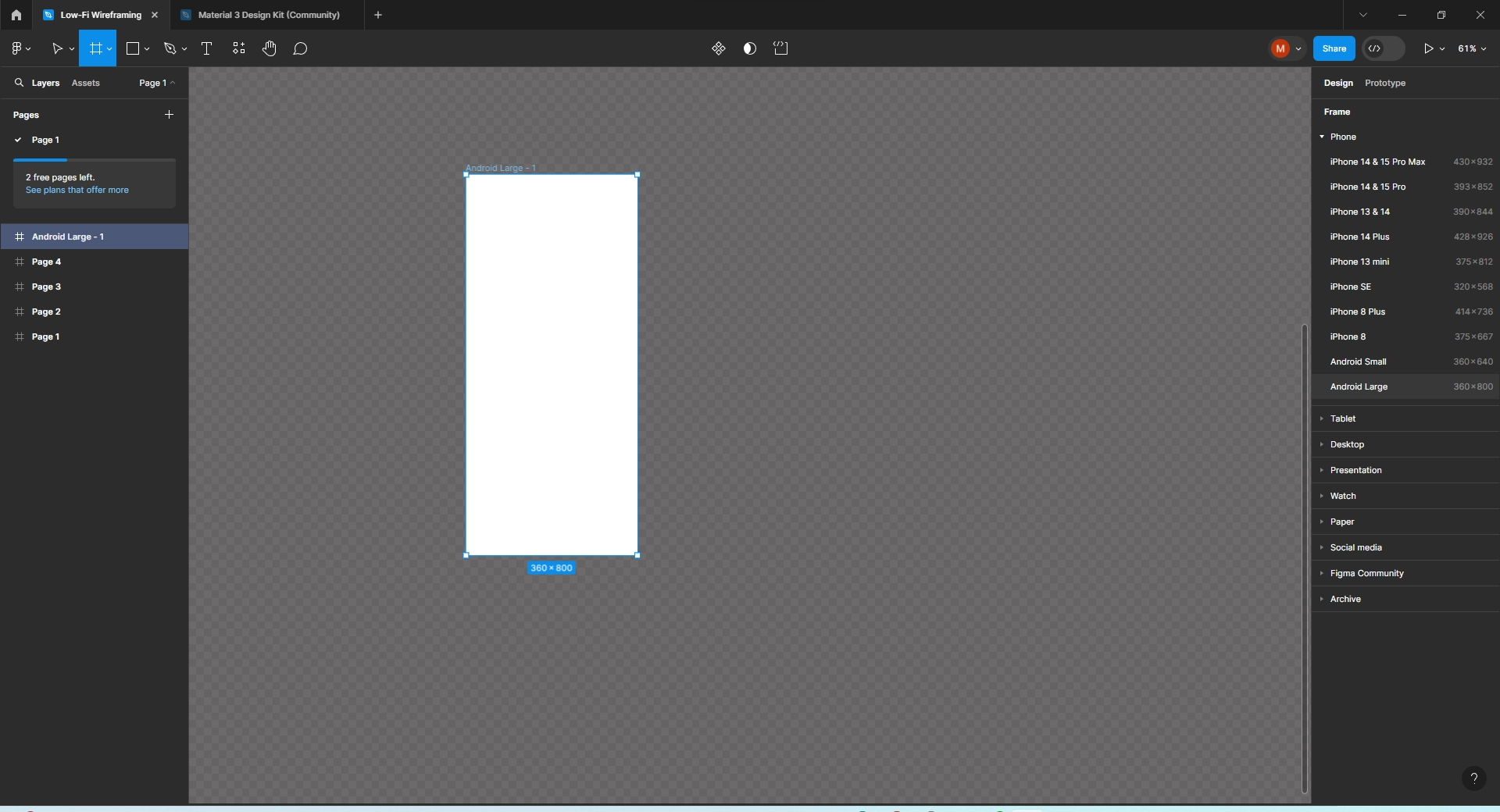 A screenshot of a website design software interface, with a white page and a blue outline around it, on a gray background