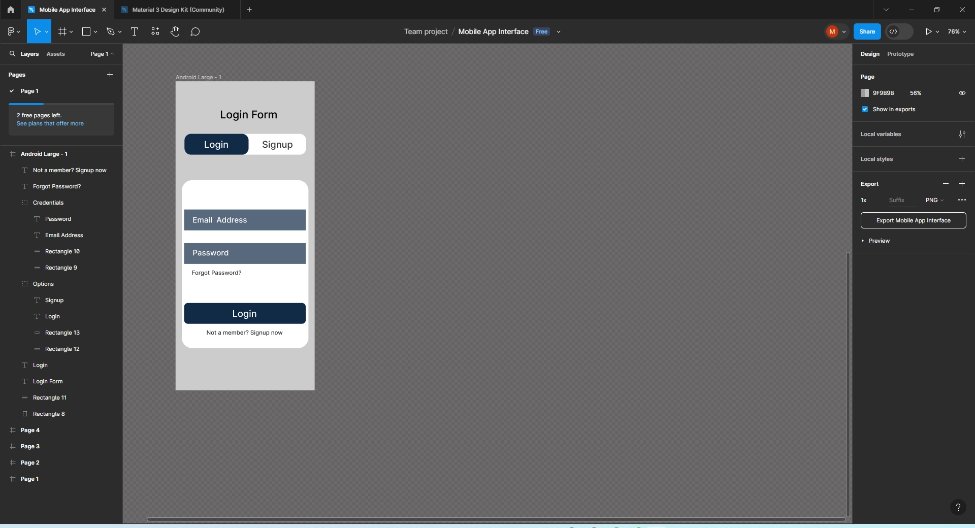 A website design screen showing a login form with email address and password fields