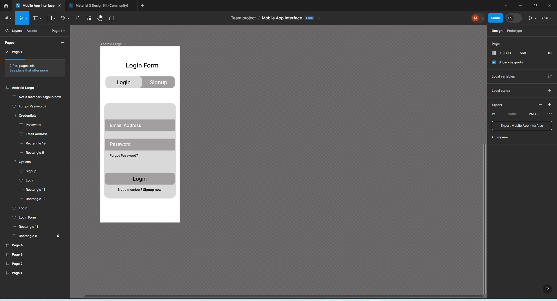 A screenshot of a website design project in a design tool, with a login form and a design interface on the left and a code