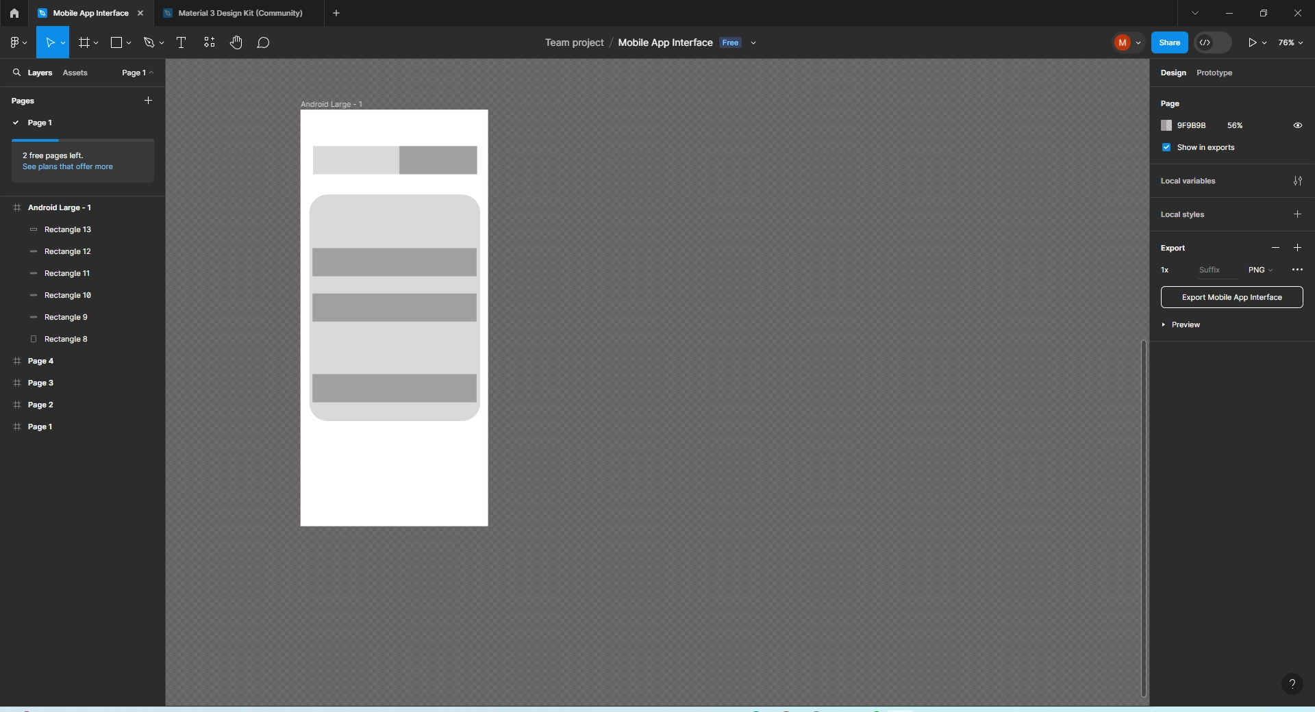 Figma file named Mobile App Interface with a grey wireframe frame on the canvas