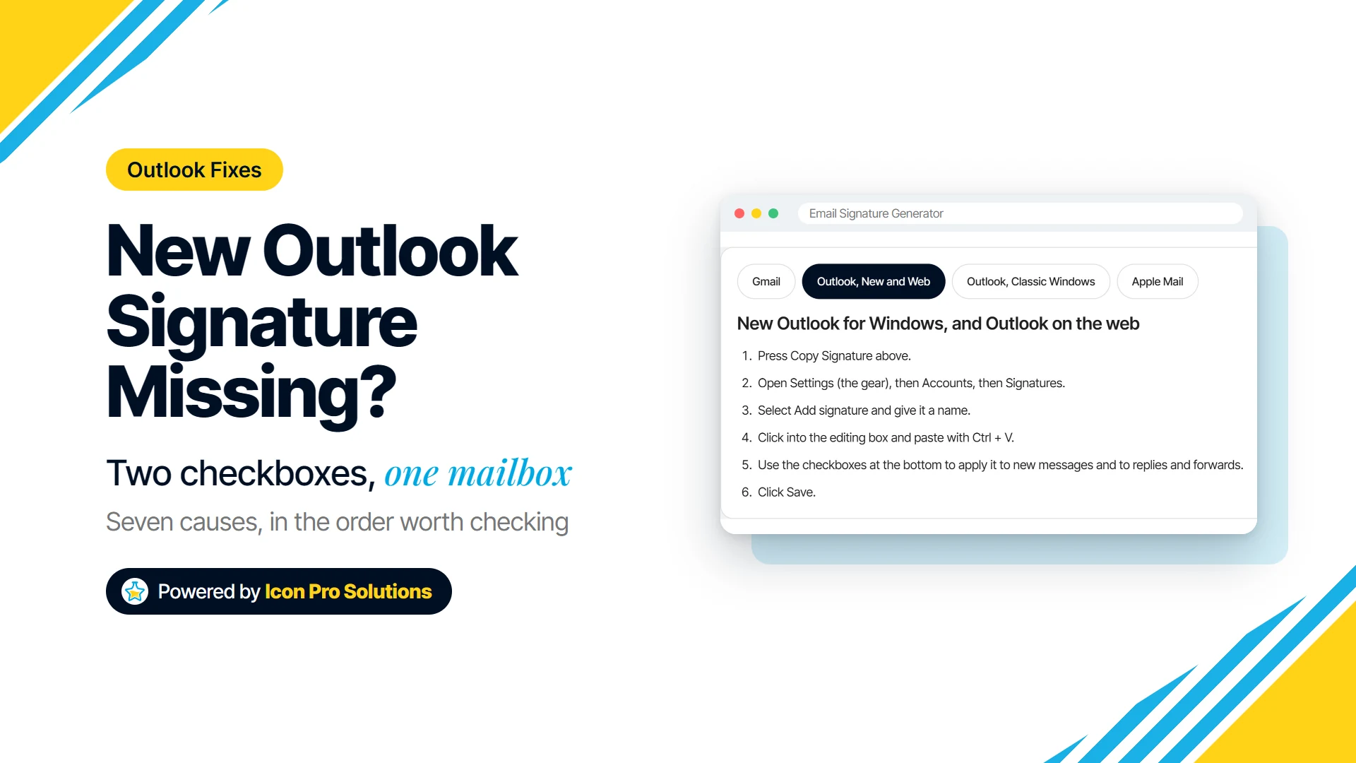 New Outlook signature missing: the free Email Signature Generator showing the Outlook steps, Settings, Accounts, Signatures, and the two default checkboxes