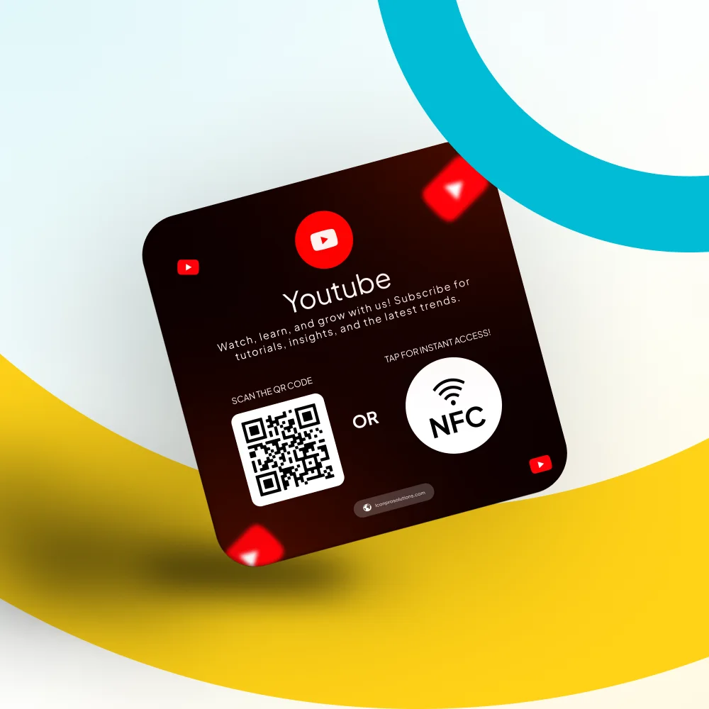 YouTube NFC card with a QR code and a tap to subscribe NFC badge