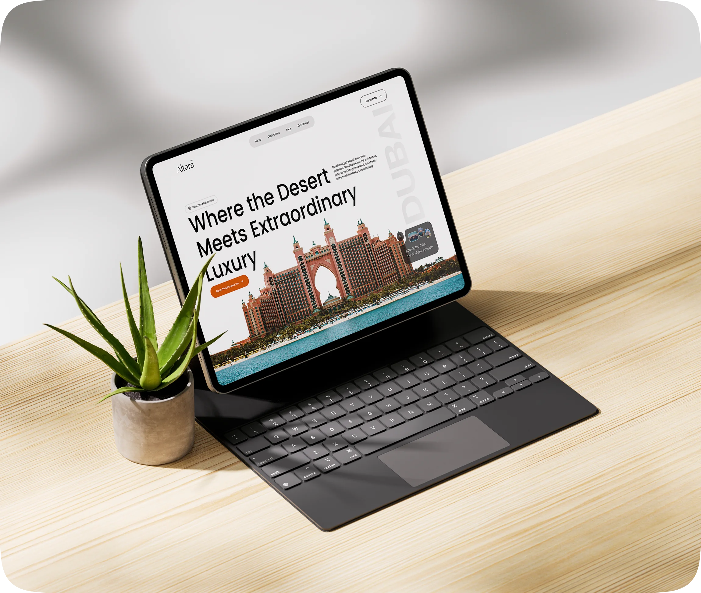 Altara Dubai travel landing page on a tablet