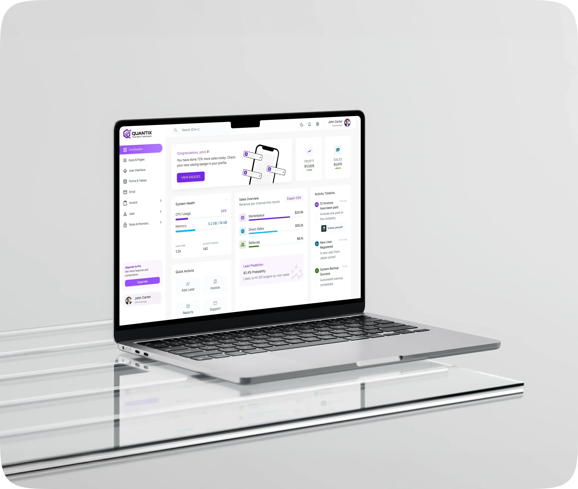 Quantix admin dashboard on a laptop