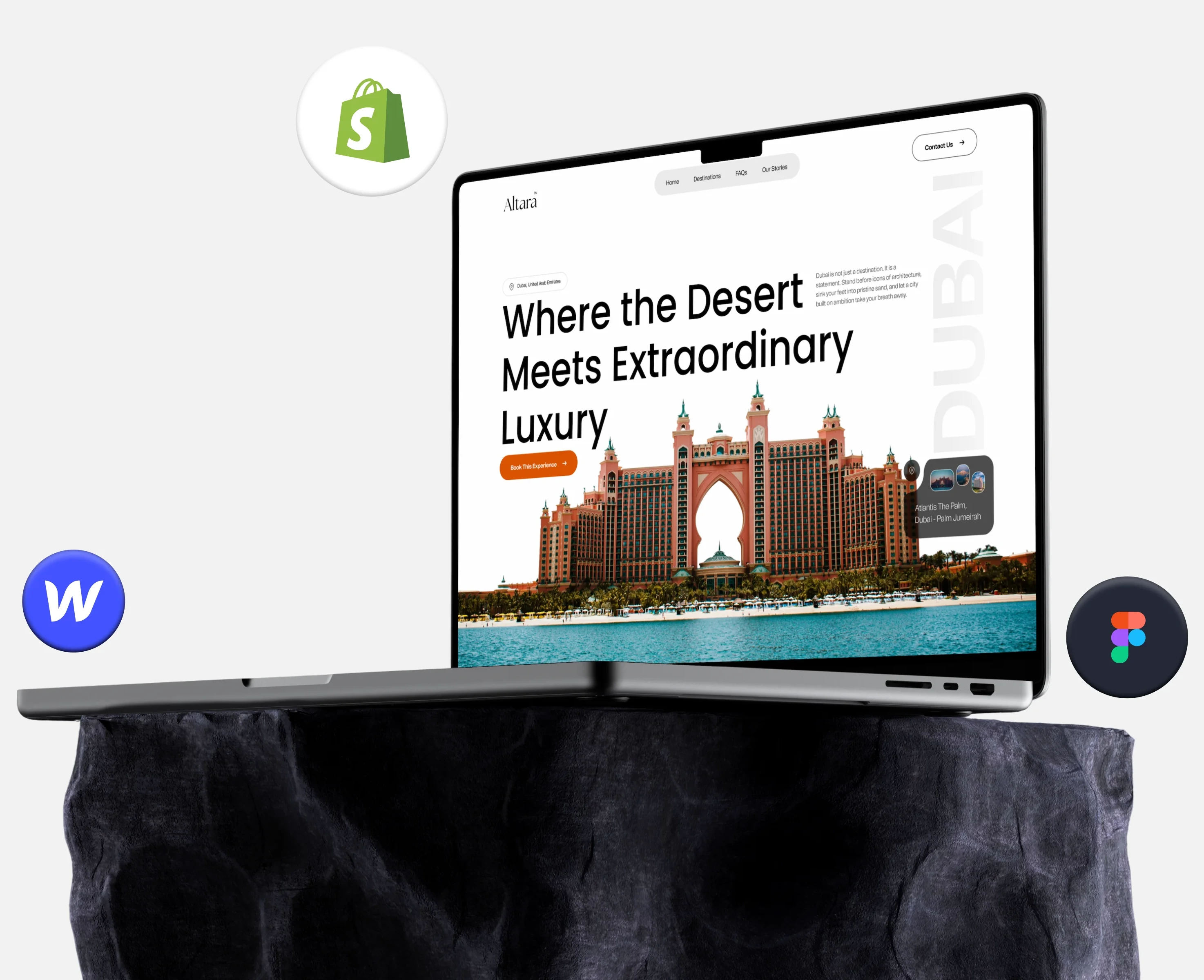 A website on a laptop with Shopify, Webflow and Figma logos