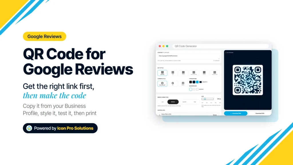 How to make a QR code for Google reviews, with the QR Code Generator encoding a placeholder review link