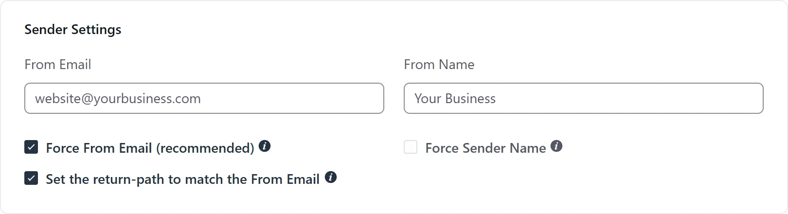 FluentSMTP Sender Settings filled in with an example From Email and From Name, Force From Email on