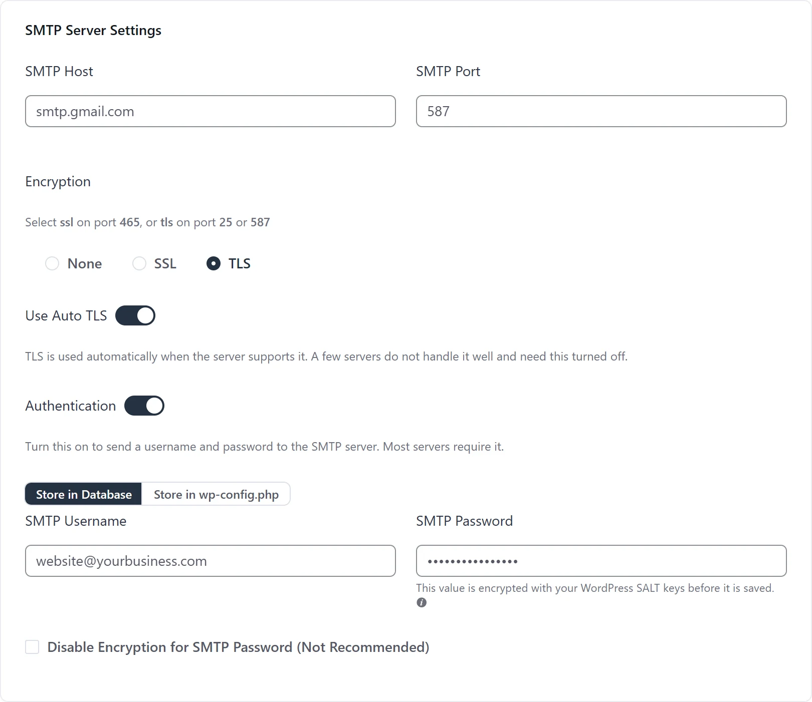 How to set up WordPress SMTP with Gmail in FluentSMTP: smtp.gmail.com, port 587, TLS, authentication on and an app password