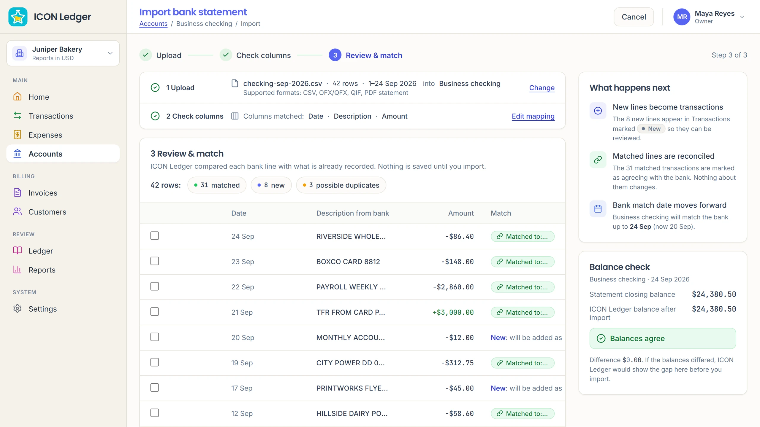 Icon Ledger bank statement import: 42 rows, 31 matched, 8 new, 3 possible duplicates, and the balance check